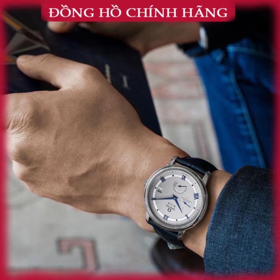 Đồng hồ Nam Omegga máy cơ automatic máy Nhật kim báo cót vỏ trắng kim xanh dây da 39mm Wah