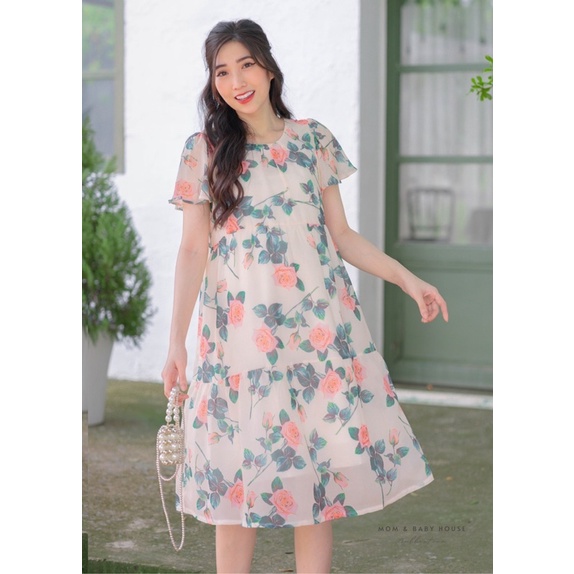 Celia Dress - Đầm bầu voan tơ babydoll họa tiết lá nhẹ mát mùa hè