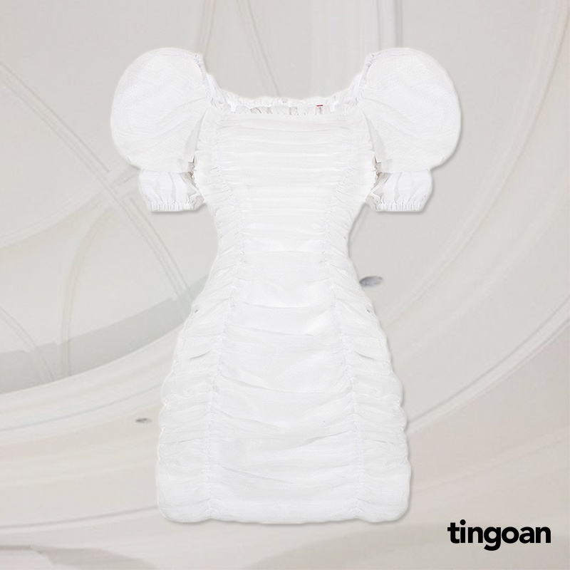 TINGOAN® - Váy nhún 2 kiểu cổ vuông trễ vai organza hack eo trắng ARIANA DRESS/WH