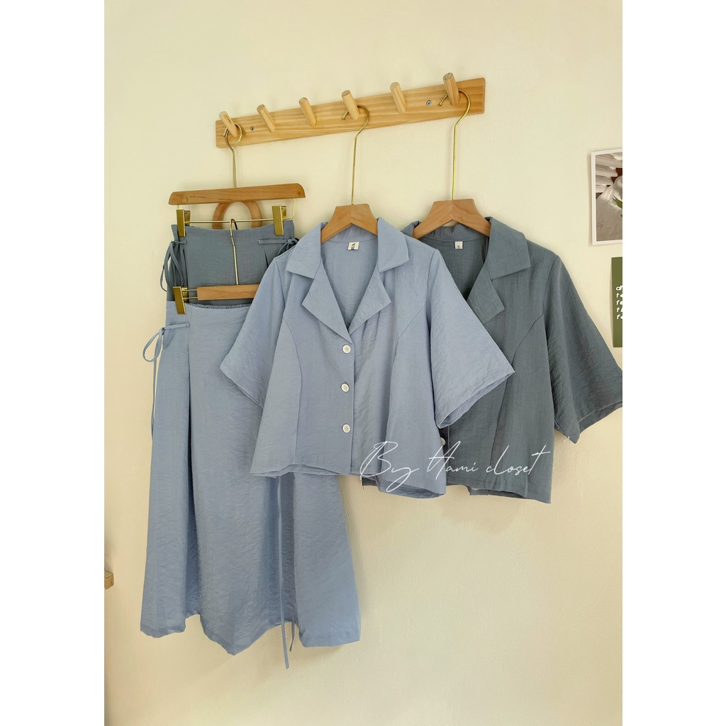 Set áo sơ mi cổ vest kèm chân váy buộc dây eo mã HDhami0501
