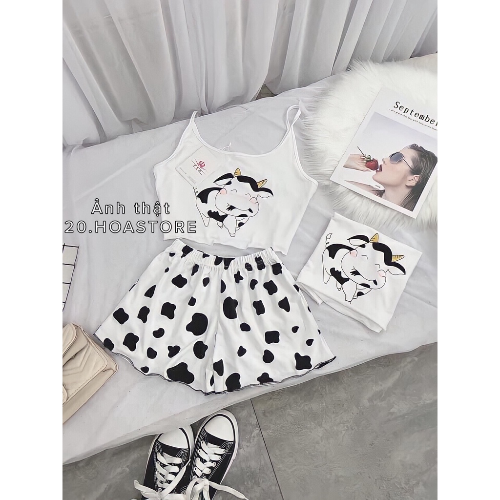 Bộ Ngủ 2 Dây Bò Sữa  Quần Short - Set Áo Hai Dây Trâu Cute Mix Quần Đùi Báo Đốm Ngựa Vằn Bò Sữa