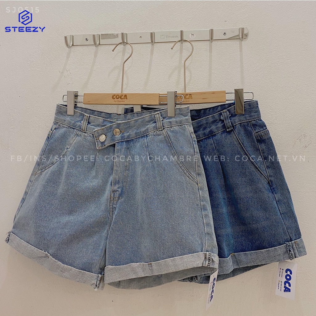 Quần short jeans khuy cài lệch xắn gấu (Ảnh thật/Có sẵn tại Sài Gòn)