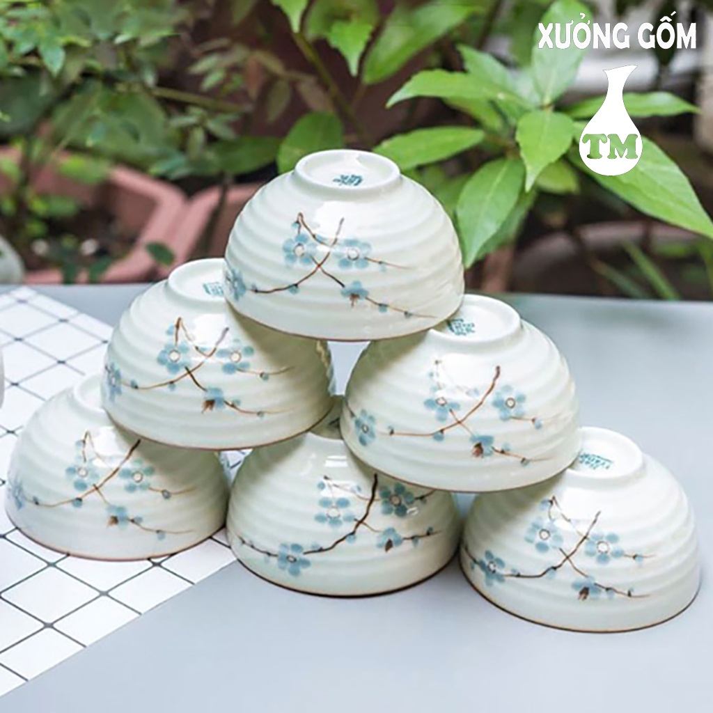 Bộ 06 Bát Chén Ăn Cơm Men Kem Hoa Đào Xanh Vẽ Tay Xưởng Gốm TM Bát Tràng