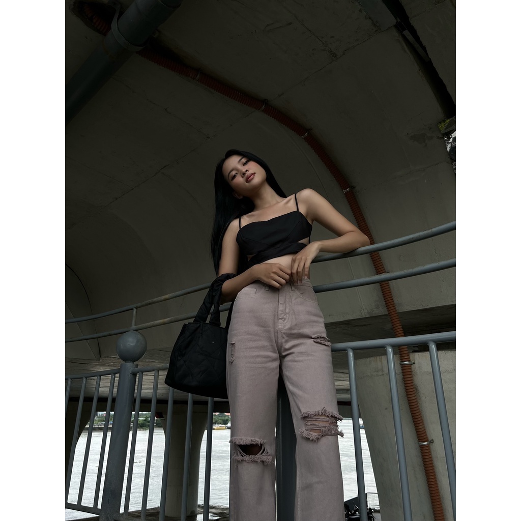 Quần jeans nữ rách gối nhẹ màu hồng đất nhạt, là min - RIPPED WIDE LEG JEANS - CREAM PINK