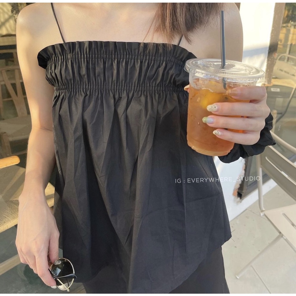 ÁO HAI DÂY TRƠN CHUN NGỰC CHẤT COTTON BỘT THOẢI MÁI - EWY TOP