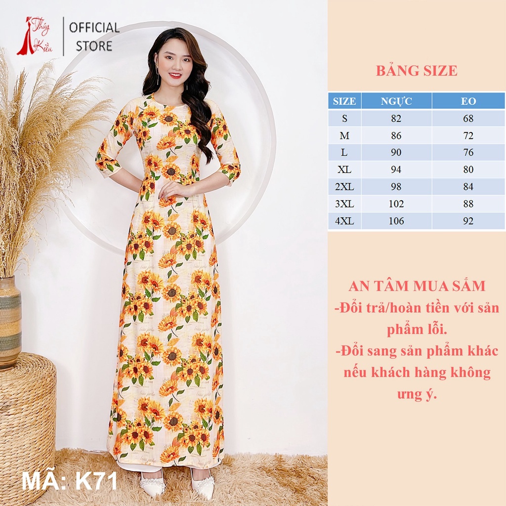 Áo dài nữ thiết kế hoa hướng dương may kế đẹp cách tân tết K71 Thúy Kiều mềm mại, co giãn, áo dài giá rẻ