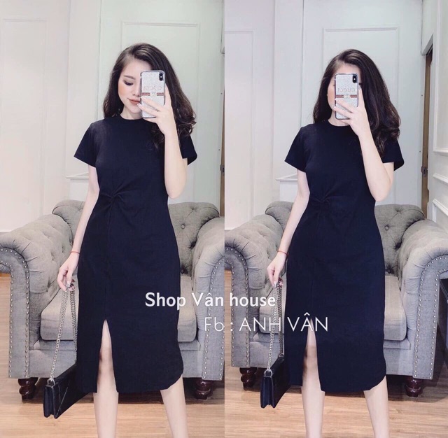 Đầm suông-váy xoắn eo cổ tròn dáng suông xẻ đùi chất cotton mát | BigBuy360 - bigbuy360.vn
