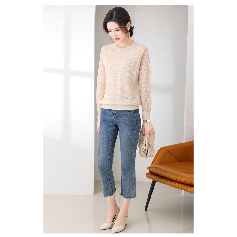 Áo Dệt Kim Cổ Tròn Phối Ren Mỏng Thời Trang Mùa Thu Cho Nữ