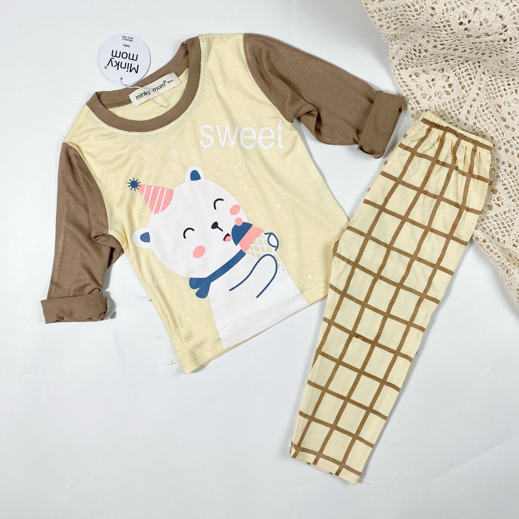 Bộ dài tay thun lạnh in hình động vật cùng quần caro đáng yêu cho bé 8-18kg