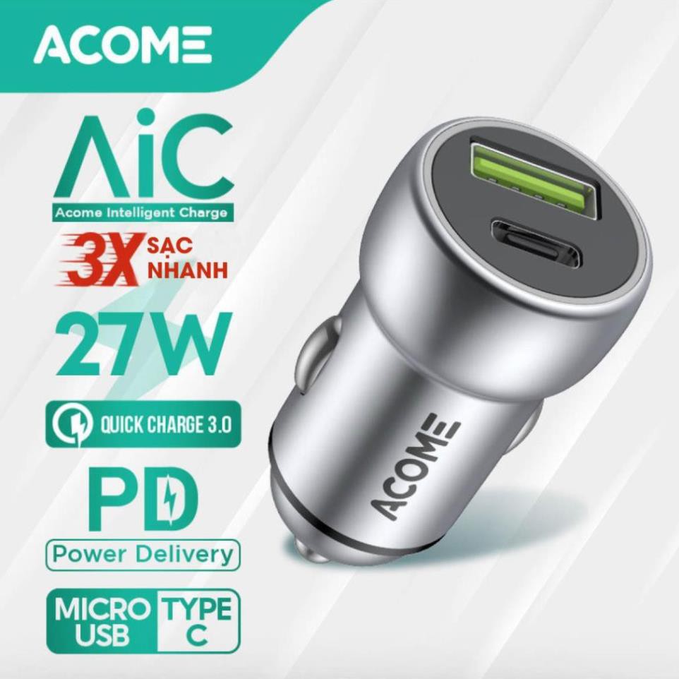 Cốc sạc Ôtô ACOME ACC02 2 Cổng Sạc USB & PD QC 3.0 27W - BẢO HÀNH 1 ĐỔI 1 CHÍNH HÃNG