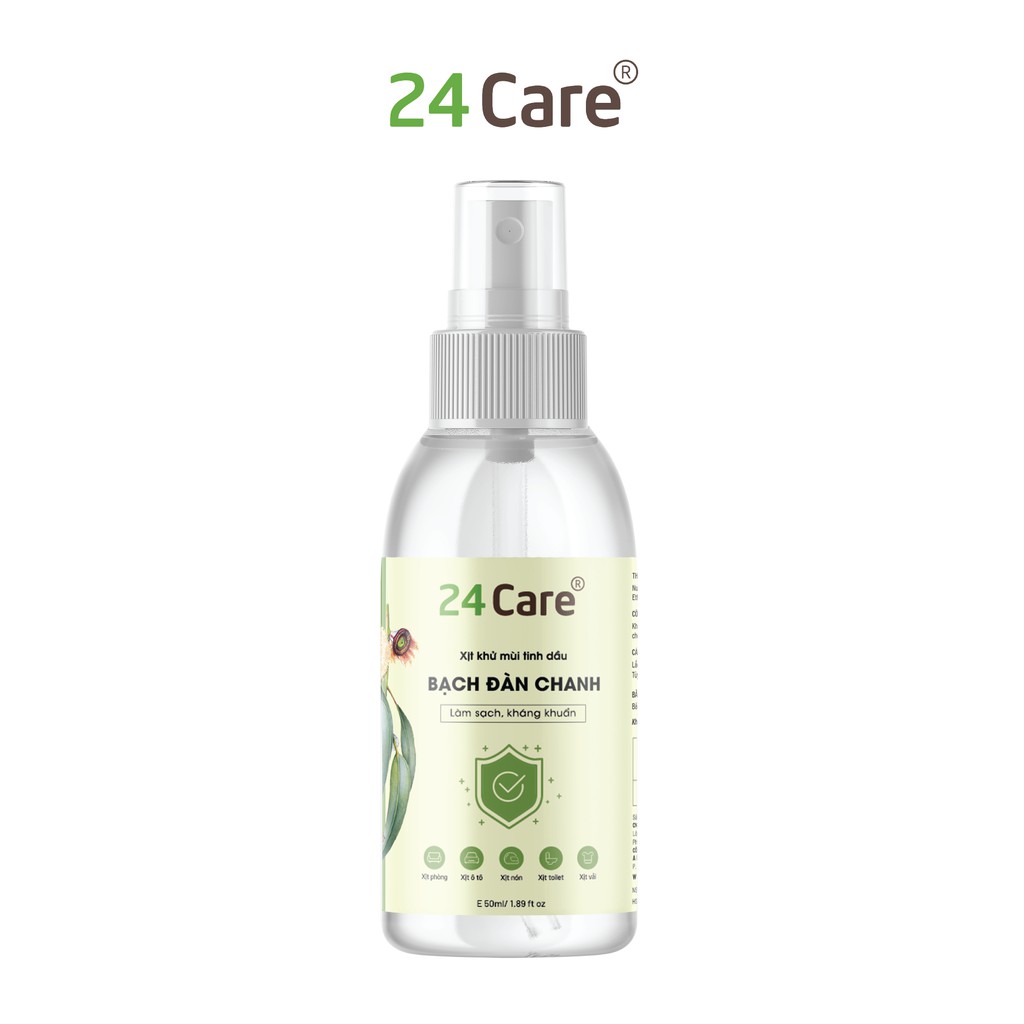 Xịt Phòng Tinh Dầu Bạch Đàn Chanh Hữu Cơ Organic 24Care 50ML - Kháng khuẩn - Khử mùi hôi - Đuổi muỗi, côn trùng