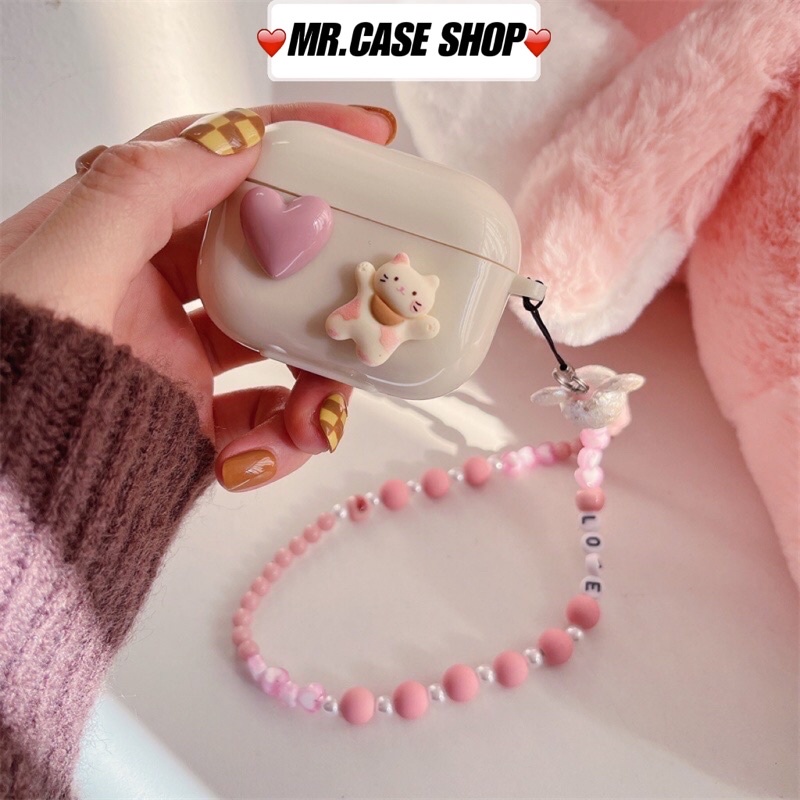 Case Airpods 1/2 /3/Pro Vỏ Ốp Tai Nghe Nhựa Dẻo Hình Hoạt Tiết Mèo Tim Kèm Dây Đeo Dài - Mr.Case AirPods