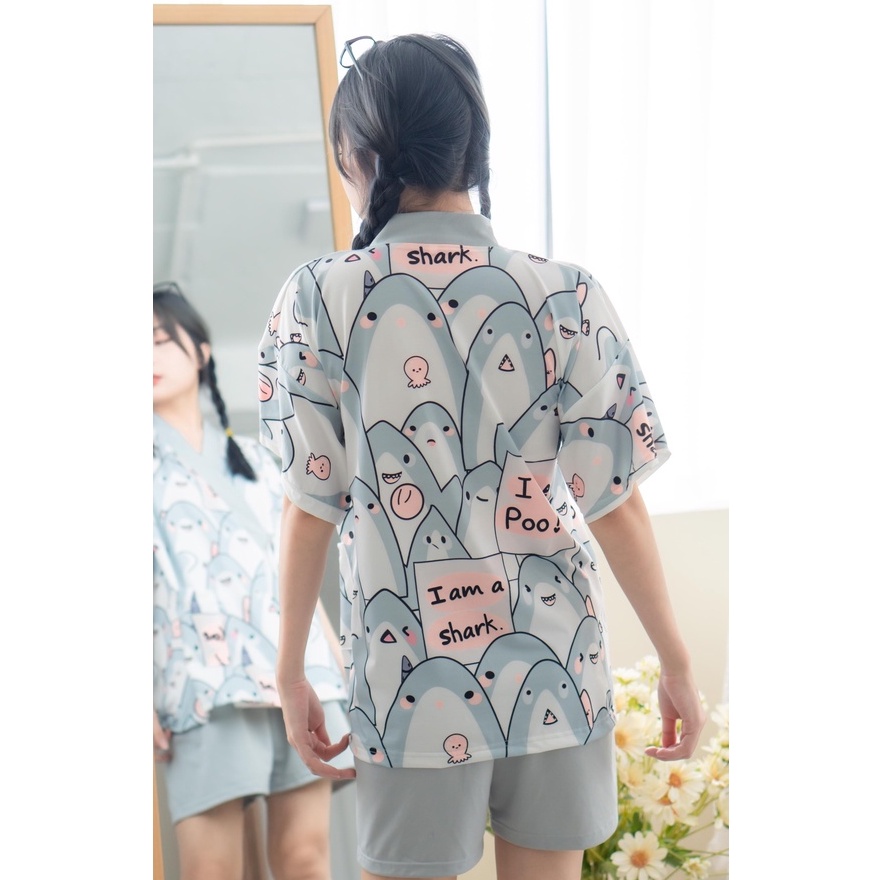 Đồ bộ nữ, bộ đồ ngủ kimono pijama cộc tay mặc nhà chất liệu cotton kiểu Nhật - Poohouse KIMONO-NHIEUMAU