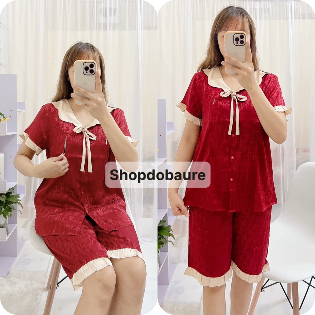 Bộ lụa gấm bầu và sau sinh áo cộc quần lửng MÙA HÈ sang xịn mịn có Nơ cổ - (BL10)