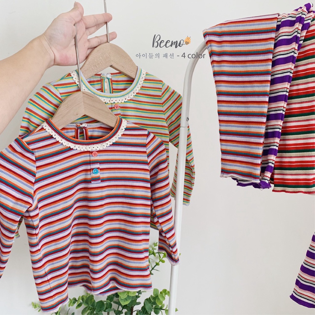 Bộ cotton kẻ ngang cá tính cho bé gái, bộ thu đông dài tay