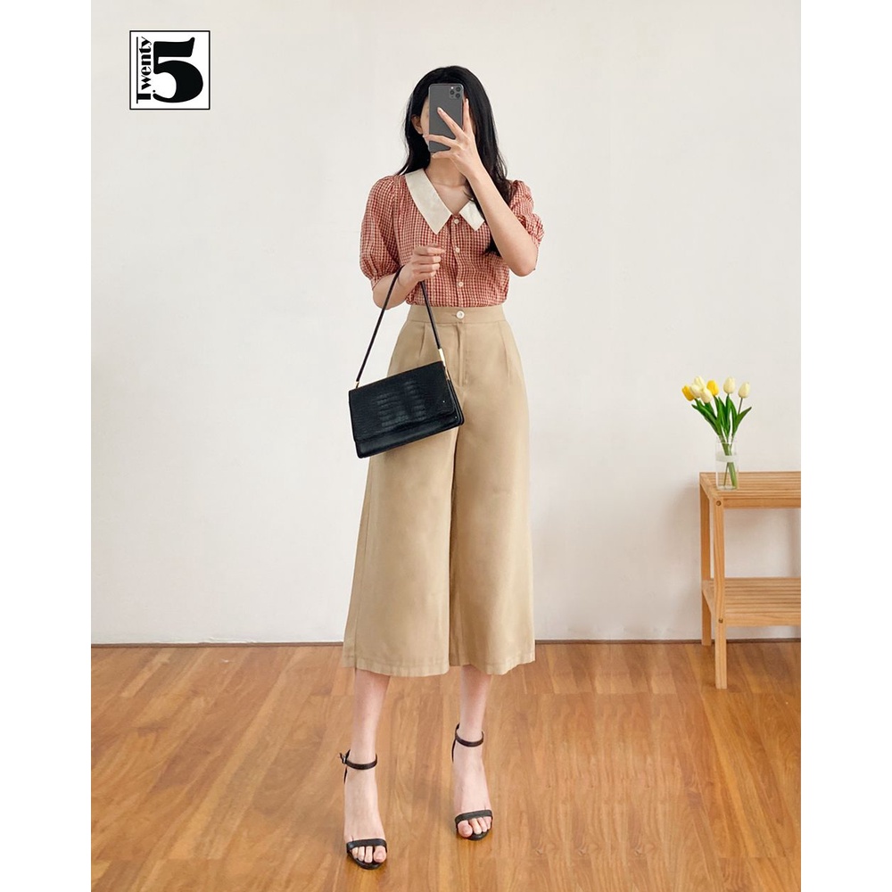 Áo sơ mi nữ công sở dáng lửng cổ sen tay bồng kẻ caro nhí Twentyfive N1068