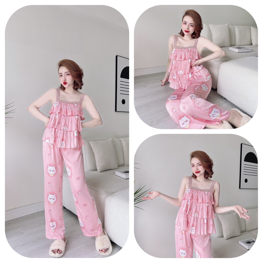 Set đồ ngủ quần dài áo 2 dây rập ly chất latin mềm mại S716 - Đồ ngủ cao cấp Vy Linh