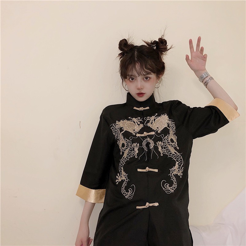 Áo cổ tàu Shanghai thêu rồng Trung Hoa unisex