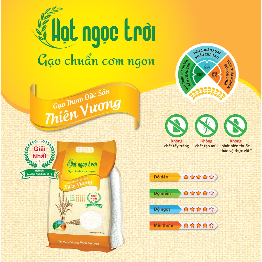 Gạo Hạt Ngọc Trời Thiên Vương Túi 5Kg - Gạo Thơm Đặc Sản, Đạt giải Gạo Ngon Nhất tại Hội Nghị Lúa Gạo Năm Châu 2018