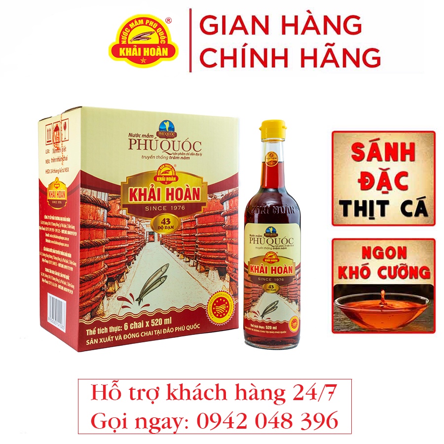 Nước mắm Khải Hoàn Phú Quốc 40/43 độ đạm thùng 6 chai 520ml