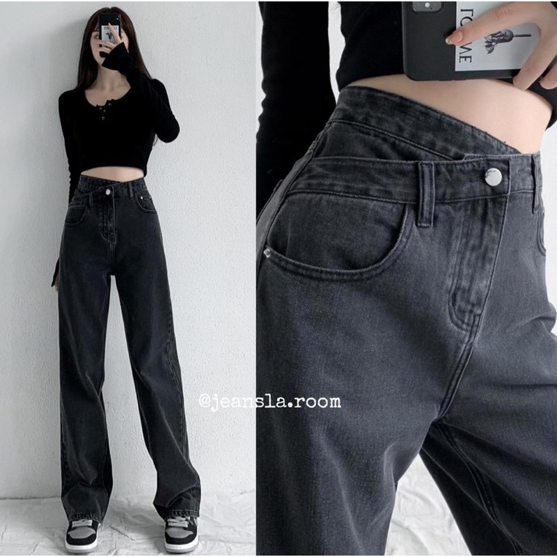 ⚡FREESHIP⚡ Quần Culottes Jean JEANSLA Đen Cạp lệch form suông ống rộng cạp cao Cực Chất độc lạ [#QJL36]