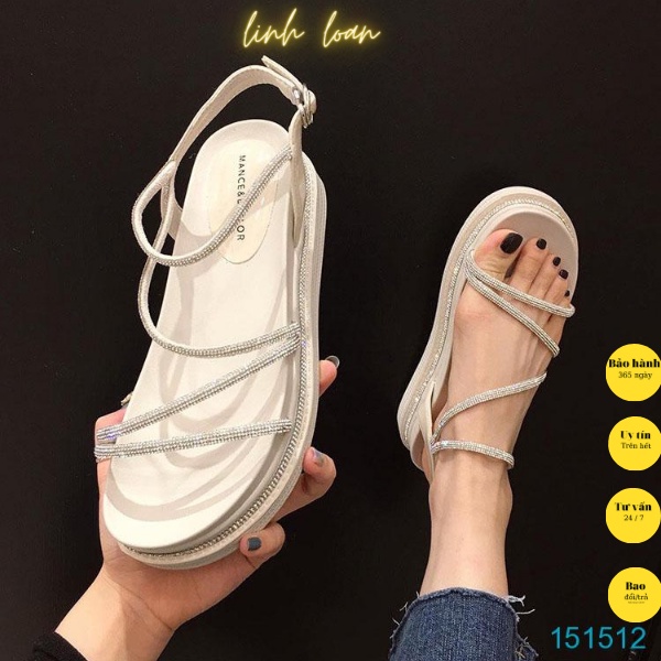 Giày sandal nữ 5cm đế xuồng bánh mì màu đen, trắng da lì quai mảnh viền đính đá "shop LINHLOAN"