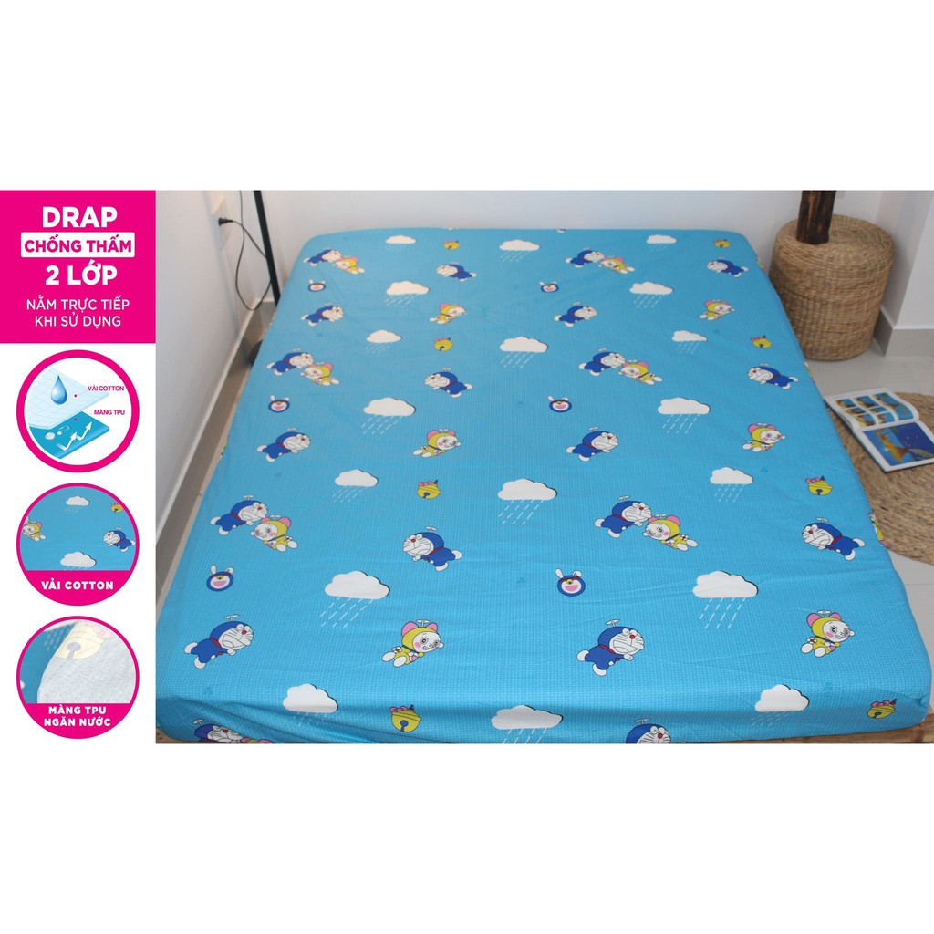 GA CHỐNG THẤM NƯỚC COTTON 5D 2 LỚP CAYABE MÈO DORAEMON XANH