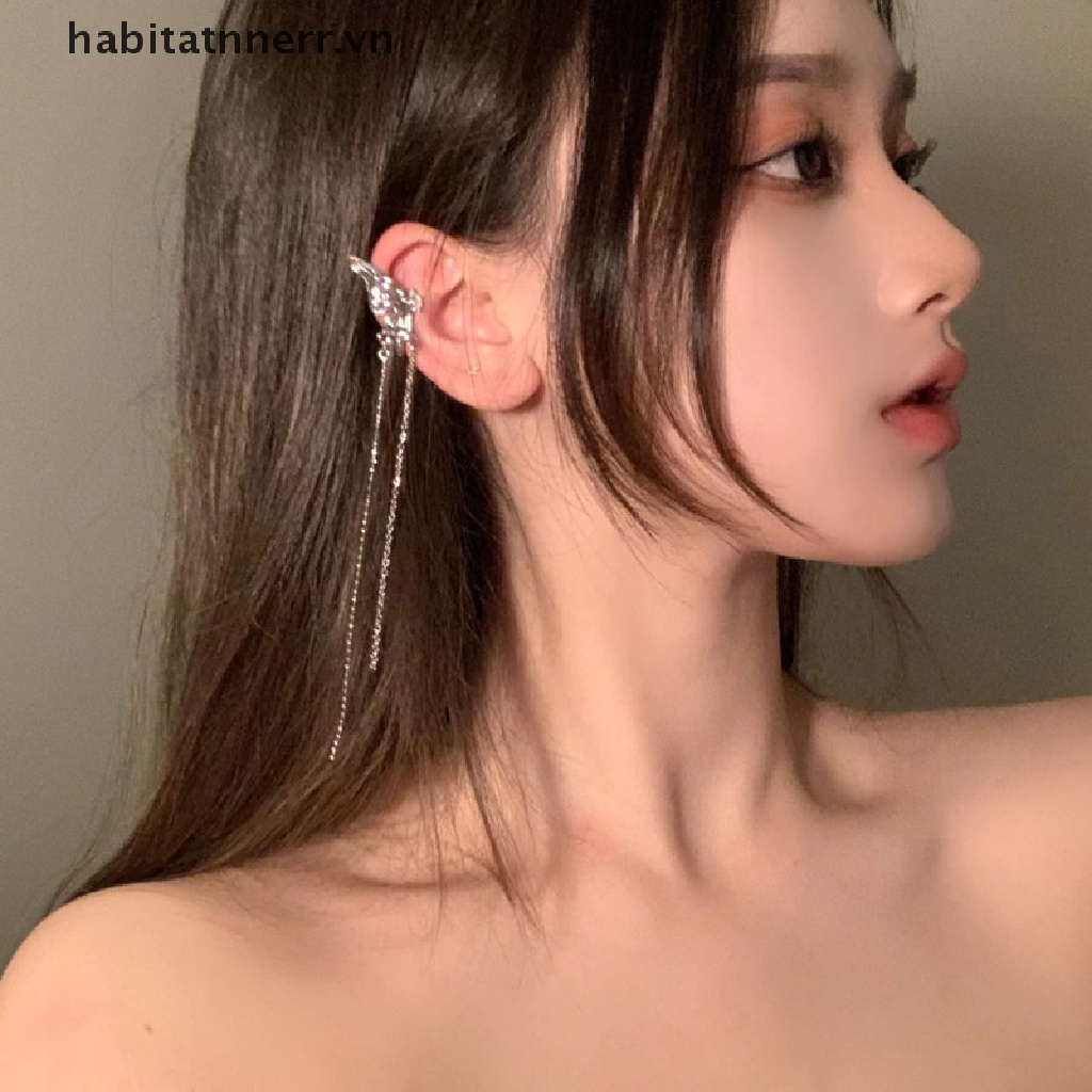 Bông Tai Kiểu Kẹp Hình Bướm Dáng Dài Không Xỏ Lỗ Phong Cách Hàn Quốc Thanh Lịch Dành Cho Bạn Nữ