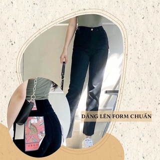 Quần đen nữ ống đứng cạp cao vải jeans co giãn basic - La’coba