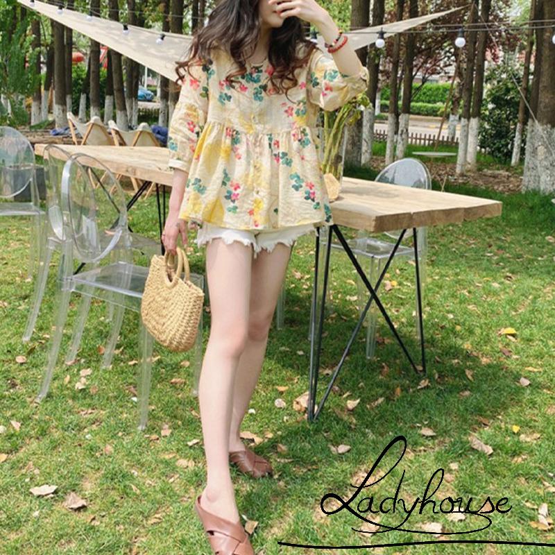 Áo Sơ Mi Cổ Tròn Tay 3/4 In Họa Tiết Hoa Lá Phong Cách Hàn Quốc Ngọt Ngào Dành Cho Nữ