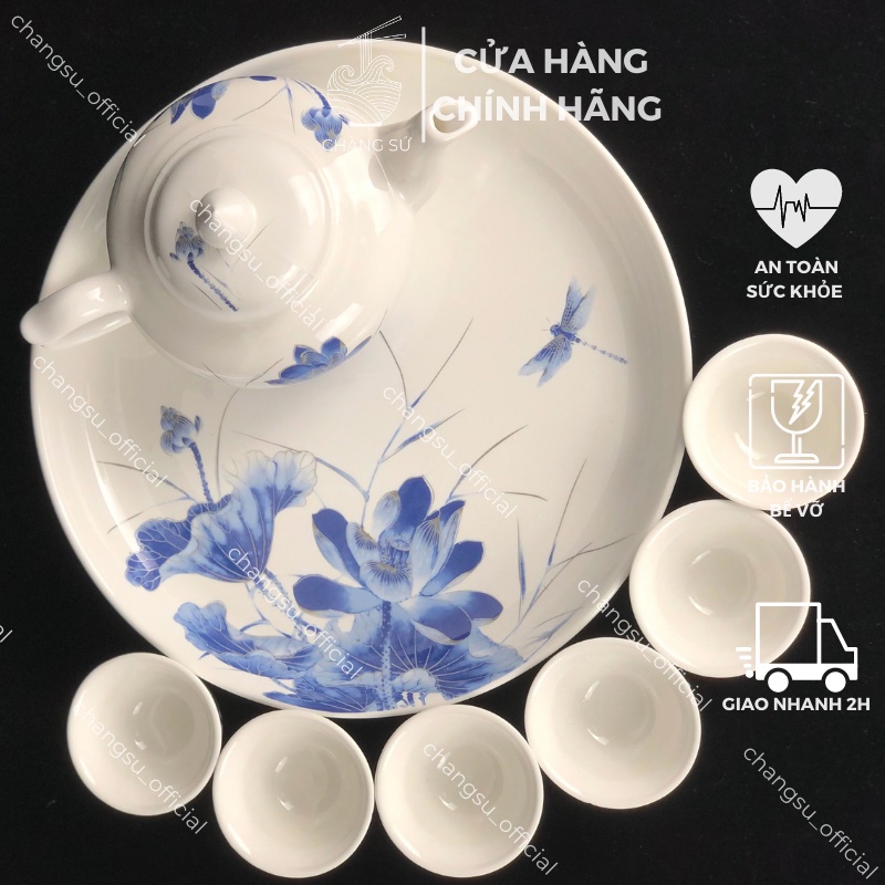 Bộ ấm chén uống trà cao cấp kèm khay sâu lòng - Set ấm trà sứ Minh Châu hoa sen sang trọng - Vỡ 1 đổi 1