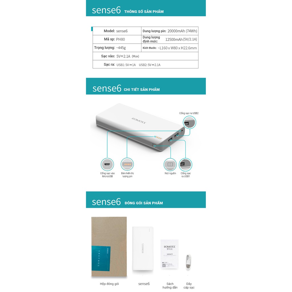 Pin sạc dự phòng Romoss Sense 6 20000mAh 2 cổng ra USB, 1 cổng vào Micro, hỗ trợ sạc tốc độ nhanh 2.1A-Bảo hành 12 tháng