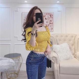 Áo Croptop nhún ngực tay phồng lỡ màu vàng cổ vuông [N2101]