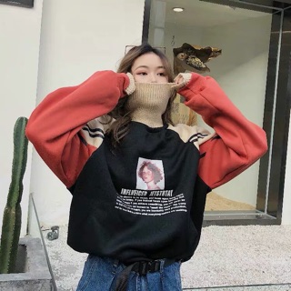 [Hàng oder] Áo nỉ phối len cao cổ oversize