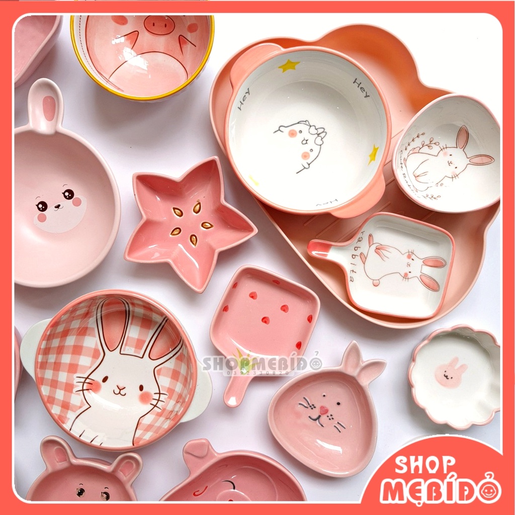 Bát ăn dặm cho bé gốm sứ màu hồng cao cấp nhiều hình dễ thương - Shop Mẹ Bí Đỏ