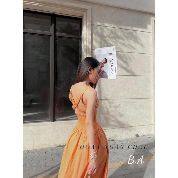 Đầm dáng dài phối dây lưng nhún eo