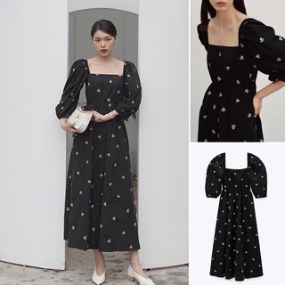 Đầm zara xuất dư tuồn nữ thêu họa tiết màu đen