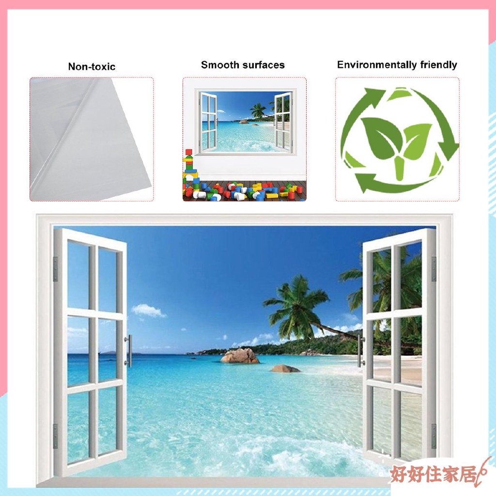 Miếng dán tường PVC hình phong cảnh biển ngoài cửa sổ 3d xinh xắn chất lượng