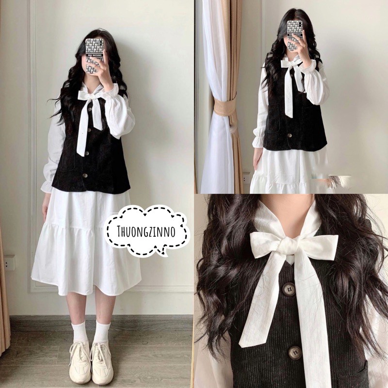 [Ảnh thật/Video] Váy babydoll trắng nơ cổ phong cách ulzzang Váy trắng tiểu thư 2 lớp | BigBuy360 - bigbuy360.vn