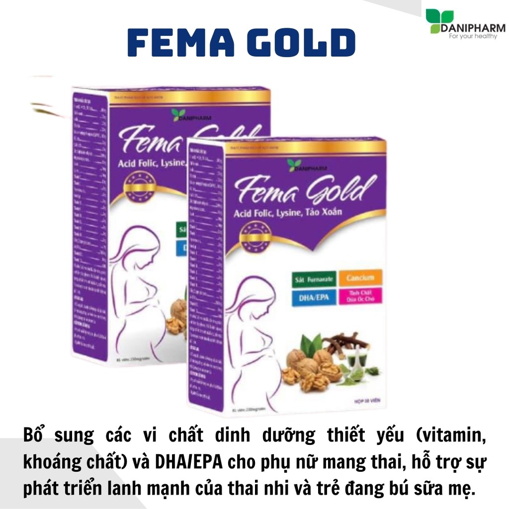 Vitamin Tông Hợp Cho Bà Bầu Femagold Danipharm (Lọ 30 Viên), Bổ Sung Sắt, Canxi, Chất Xơ Các Vitamin, Khoáng...