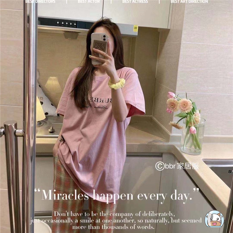 Bộ Đồ Ngủ Áo Tay Ngắn Quần Dài Dáng Rộng Họa Tiết Chữ Cái Phong Cách Hàn Quốc Dành Cho Nữ