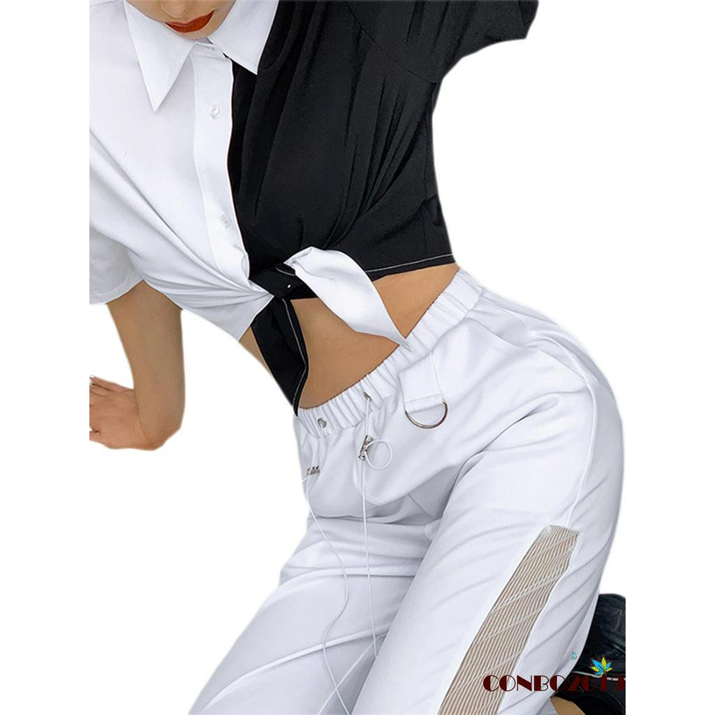 HGM-Summer trend fashion T-shirt black and white punk style short sleeve lapel tie knot shirt shirt women