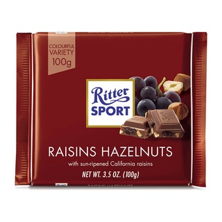 Sô-cô-la sữa Ritter Sport dạng thanh, nho khô và hạt phỉ, không có nhân 100g