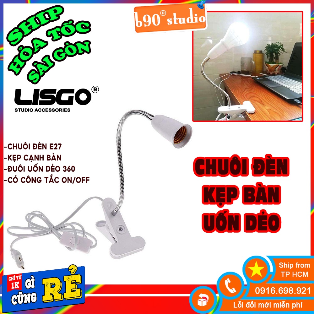 Chuôi đèn/Đuôi đèn kẹp bàn E27 thân uốn dẻo điều chỉnh linh hoạt