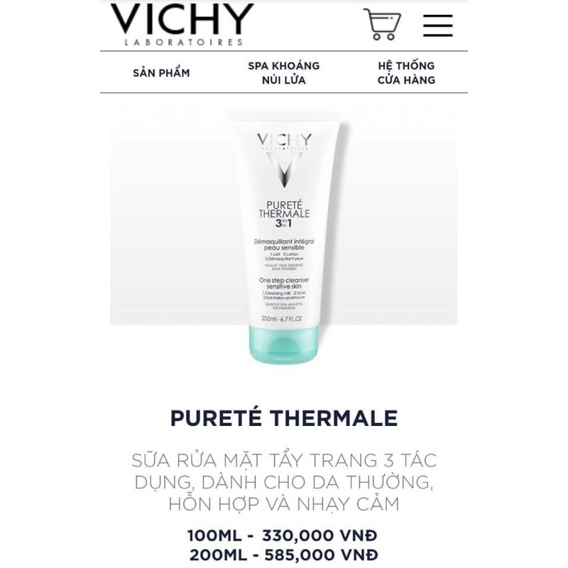 Sữa rửa mặt Vichy Purete Thermal 3 in 1 One Step Cleanser Sensitive Skin And Eyes-Sữa  rửa mặt tẩy trang 3 in 1 Vichy