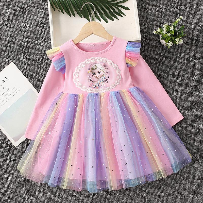 Đầm Công Chúa Elsa Tay Dài Phồng Phối Lưới Cổ Tròn Phong Cách Âu Mỹ Thời Trang Xuân Thu Mới Cho Bé Gái