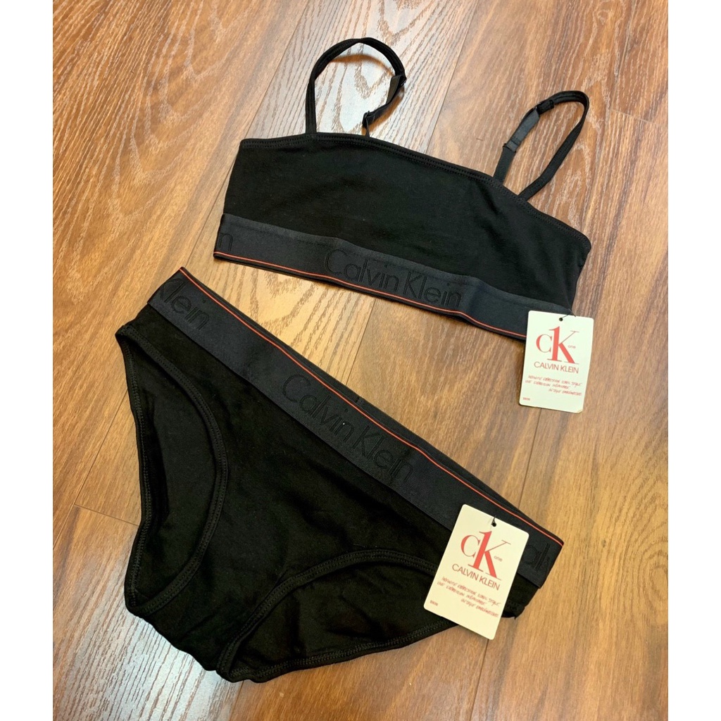 Set bộ lót thun 𝘊𝘒 áo ngang có mút màu cam đen mới 2022