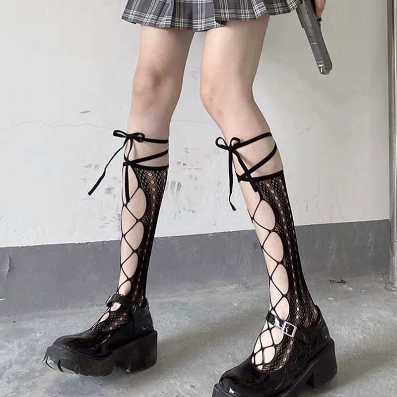 Đôi vớ vải lưới khoét rỗng thắt dây chéo phong cách Lolita Gothic thời trang