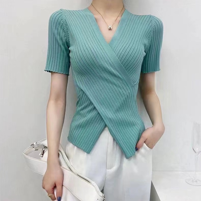 Áo sweater SUXI dệt kim tay ngắn cổ chữ v màu trơn thời trang mùa hè cho nữ