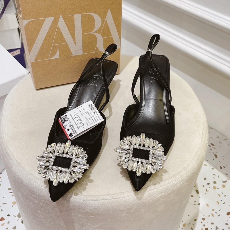 Sục nữ cao gót phối đá satin ca kiểu nhẹ nhàng tiểu thư Kchie.chie Boutique giày bệt nữ mũi nhọn slingback kiểu bánh bèo